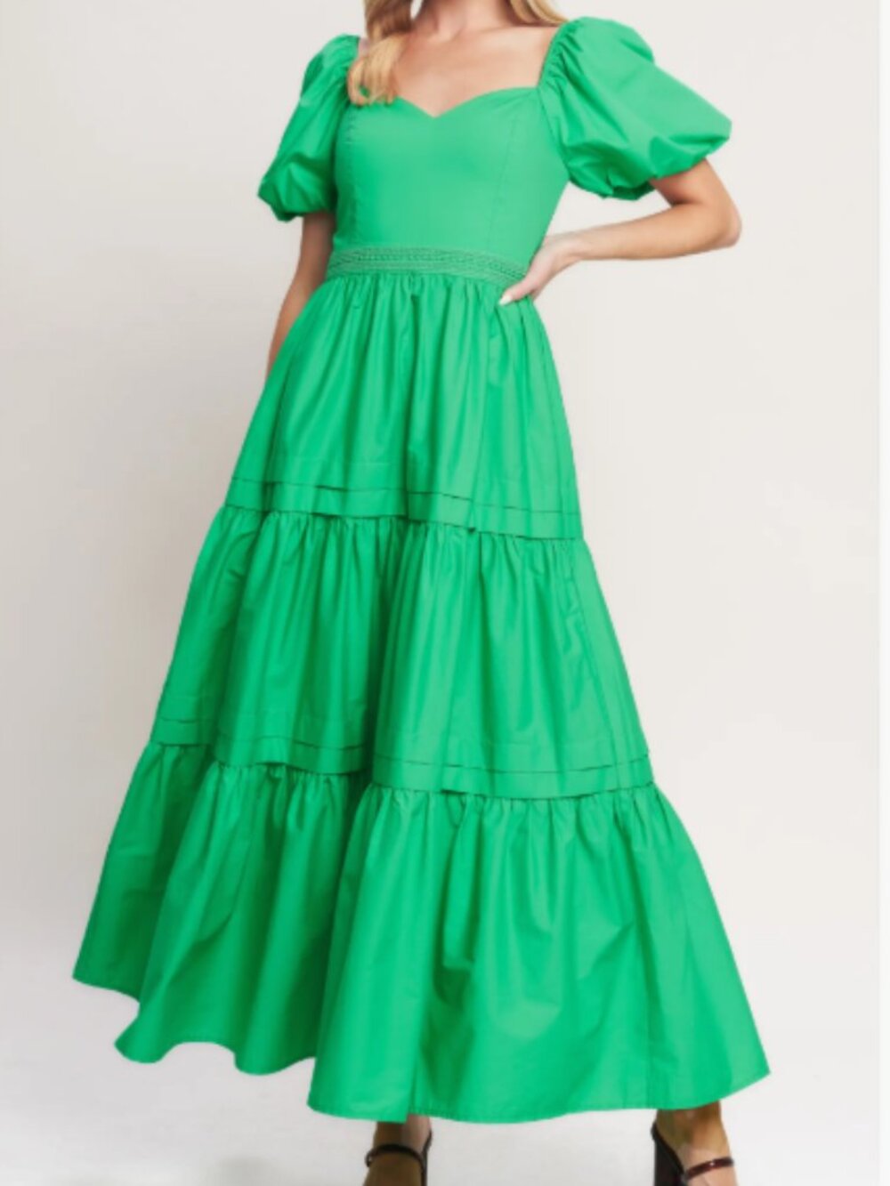 FLYING TOMATO - Puff Sleeve Tiered Maxi Dress, Green, Medium NWT